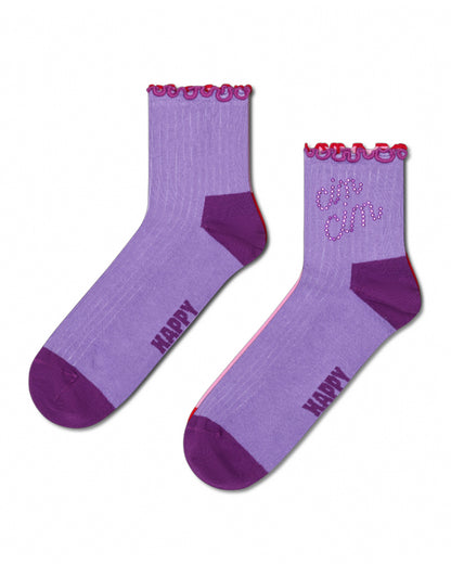 Pair of purple socks with 'Happy' text on a white background