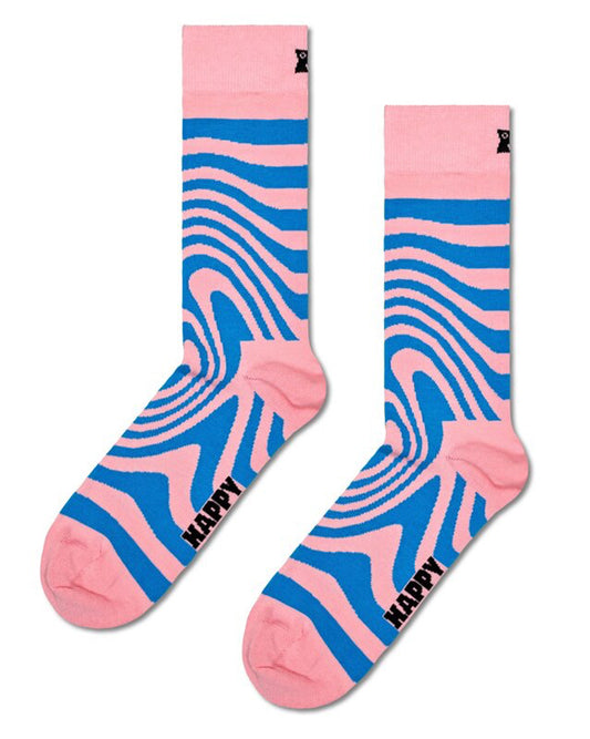 Happy Socks P000736 Dizzy Socks - Light pale pink cotton crew length ankle socks with a swirling psychedelic style linear pattern in blue.