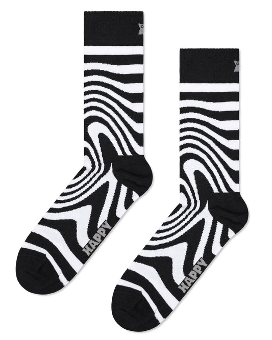 Happy Socks P000737 Dizzy Socks - Black cotton crew length ankle socks with a swirling psychedelic style linear pattern in white.