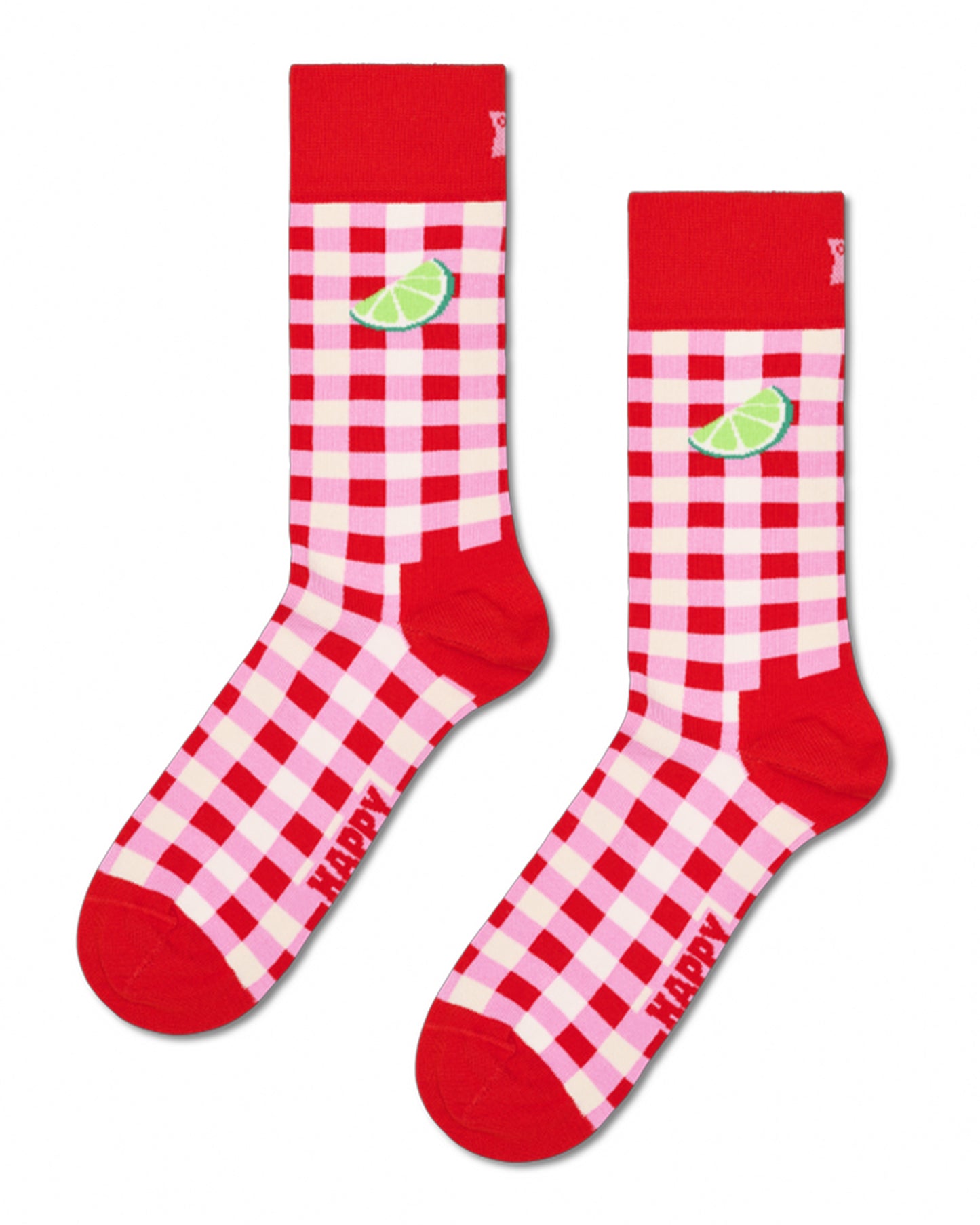 Red and white checkered socks with lime slices and 'Happy' text on a white background