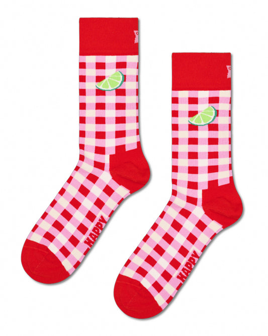 Red and white checkered socks with lime slices and 'Happy' text on a white background