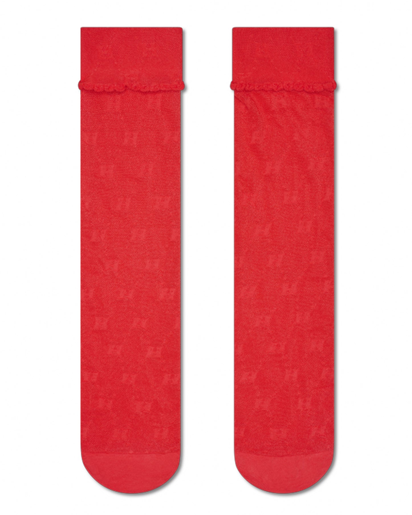 Red sock with a subtle pattern on a white background