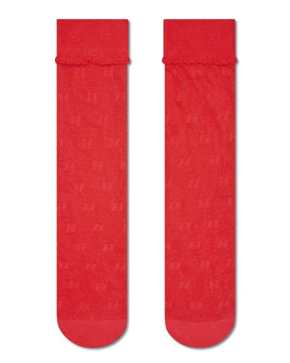 Red sock with a subtle pattern on a white background