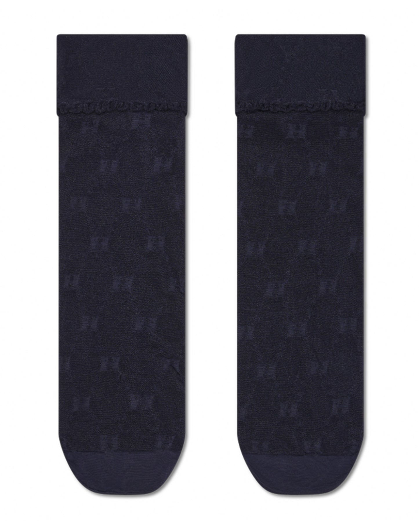 Two black socks with a subtle pattern on a white background