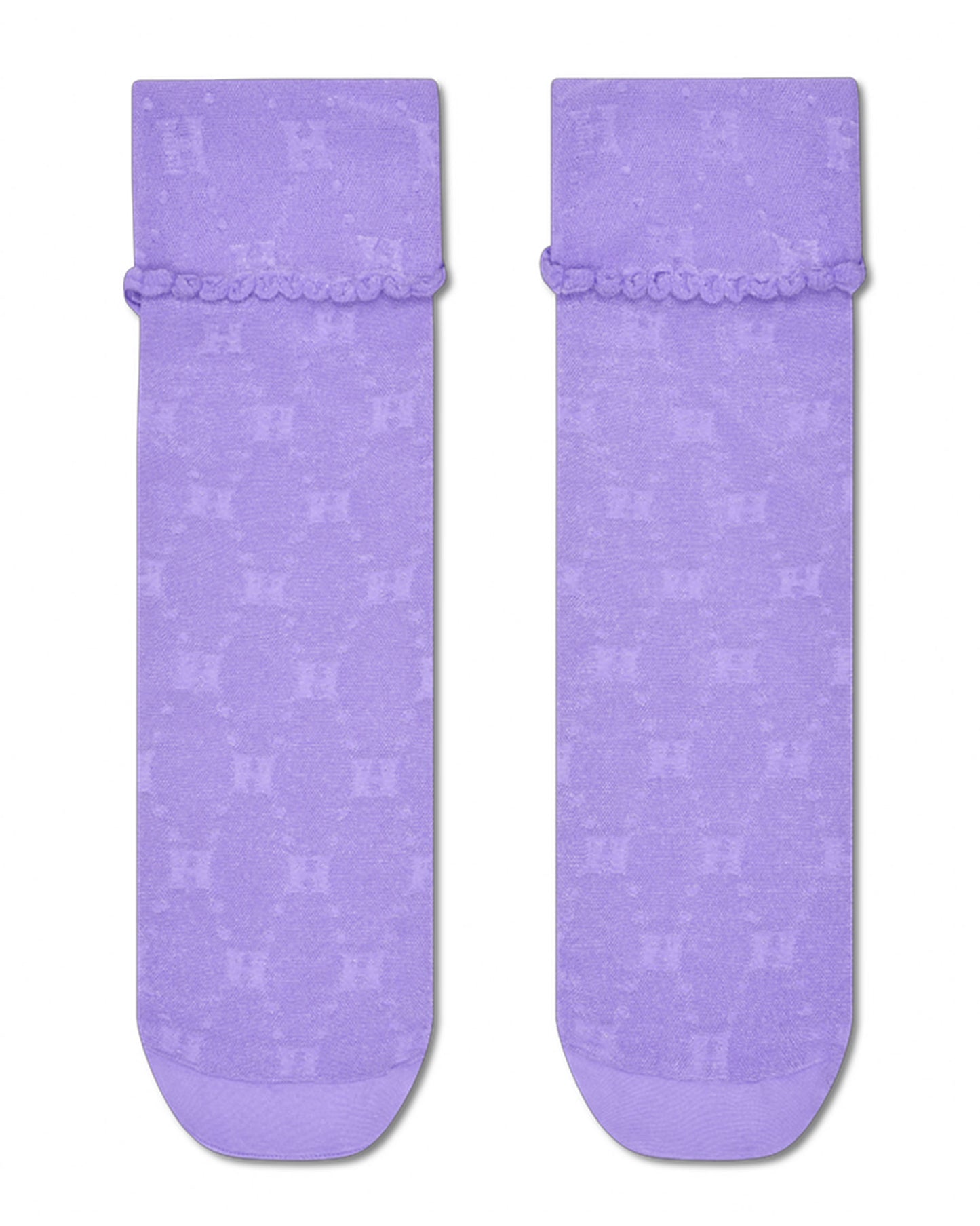 Pair of purple socks with a subtle pattern on a white background