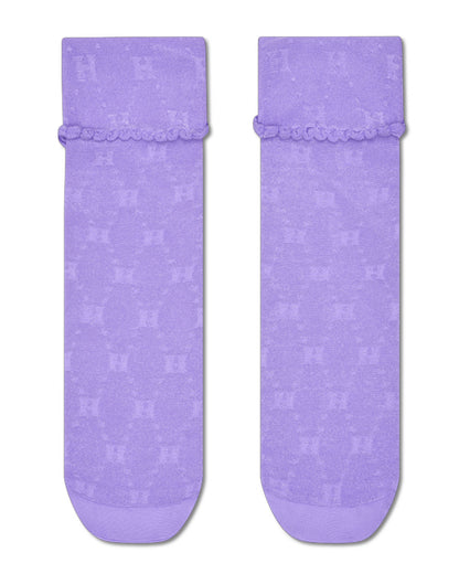 Pair of purple socks with a subtle pattern on a white background