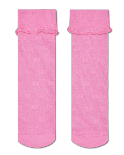Pair of pink socks with ruffled top on a white background