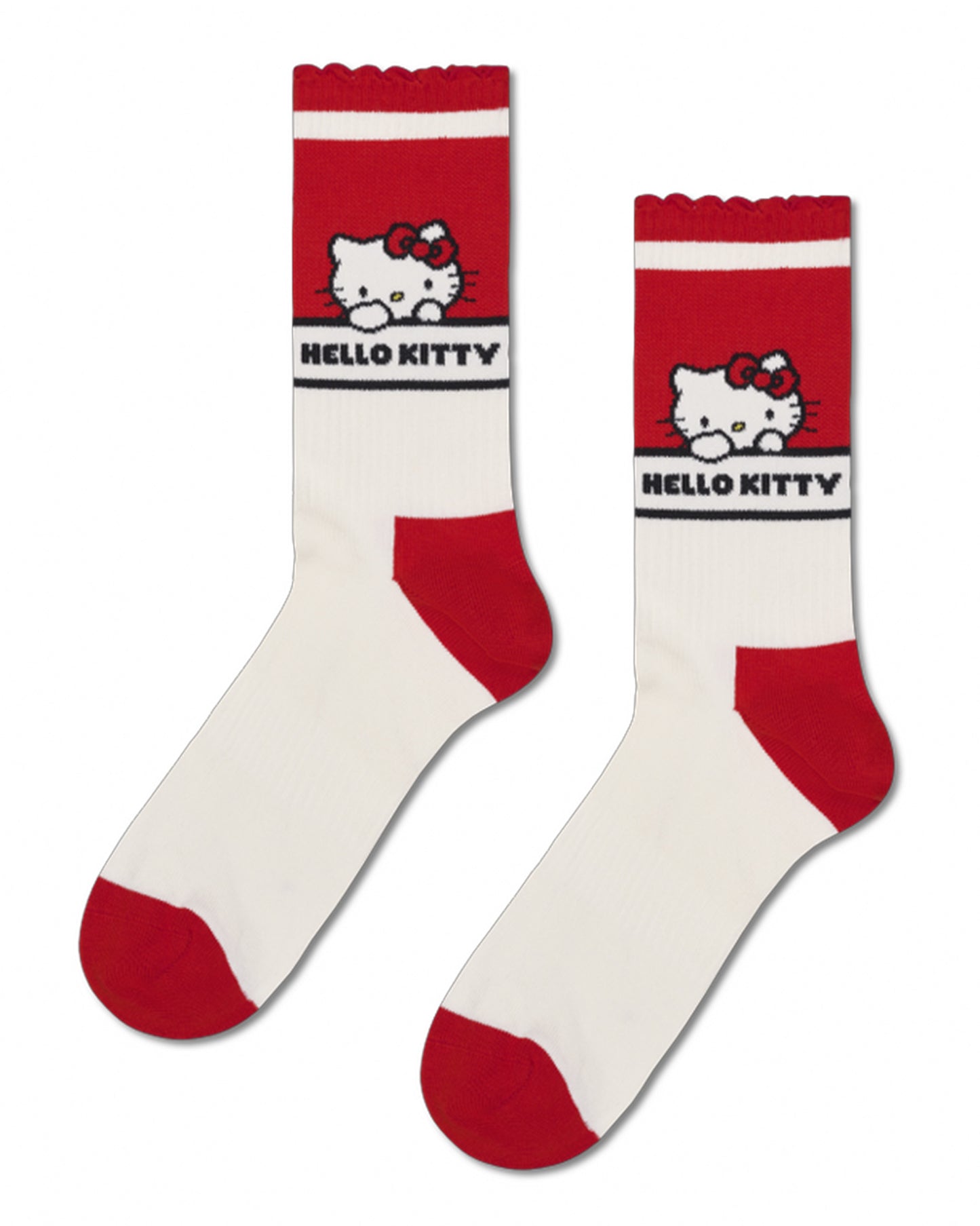 Red and white socks with Hello Kitty design on a white background