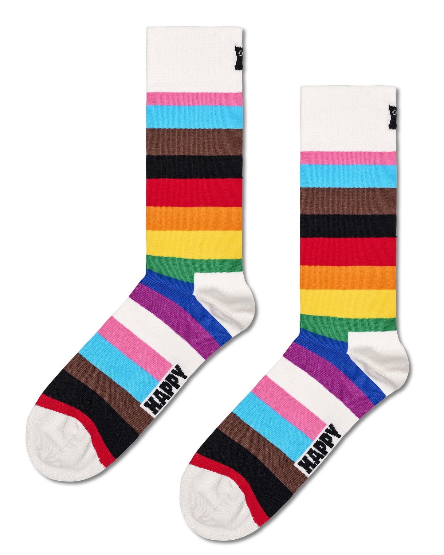 Happy Socks PRS01-0200 Pride Sock - Cream organic cotton crew length ankle socks with a horizontal LGBTQ+ rainbow stripe pattern. Available in men and women's sizes.