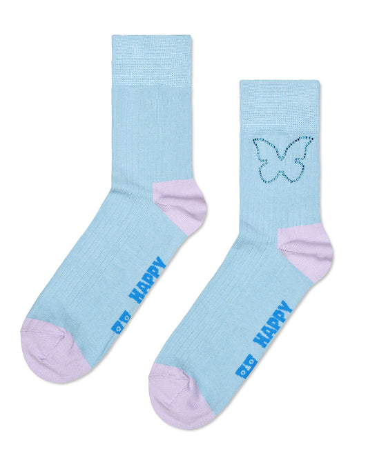 Happy Socks P000256 Rhinestone Butterfly Sock - Light blue 1/2 crew length cotton mix socks with a sparkly rhinestone butterfly motif on the outside of the ankles, lilac toe and heel.