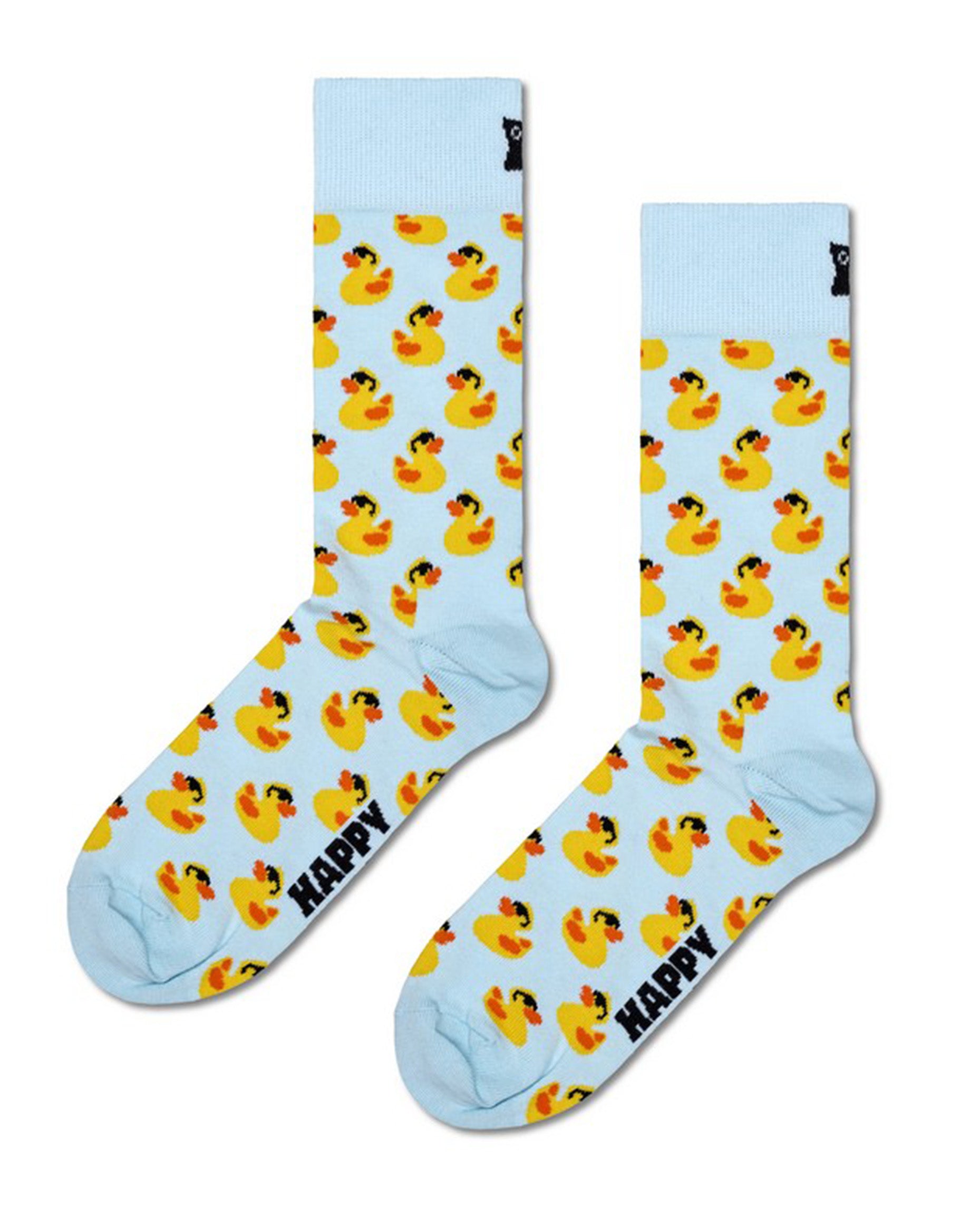 Light blue socks with yellow rubber duck pattern on a white background