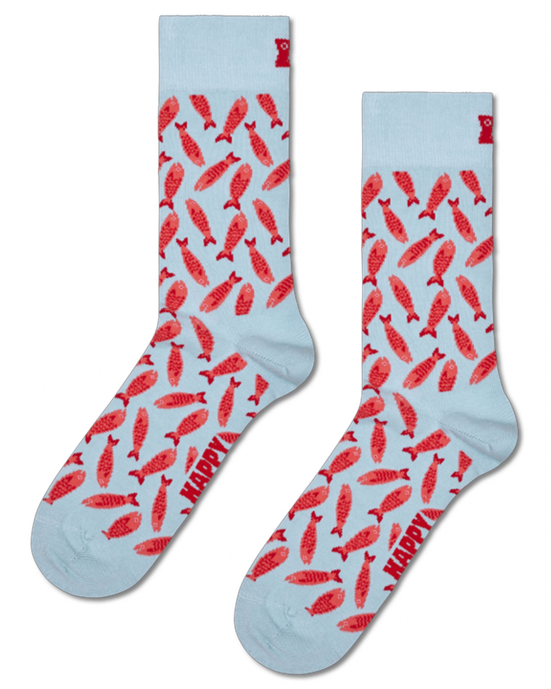 Light blue socks with red fish pattern and 'Happy Socks' branding on a white background