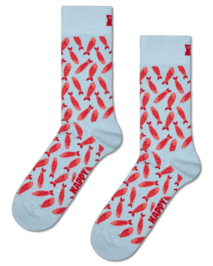 Light blue socks with red fish pattern and 'Happy Socks' branding on a white background