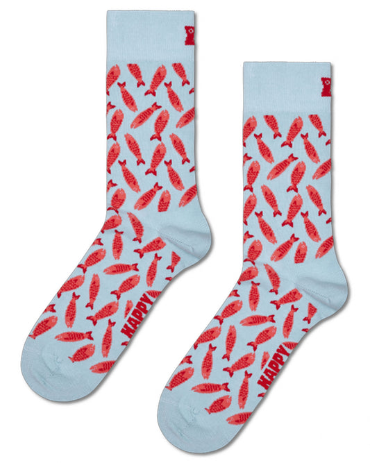 Light blue socks with red fish pattern and 'Happy Socks' branding on a white background