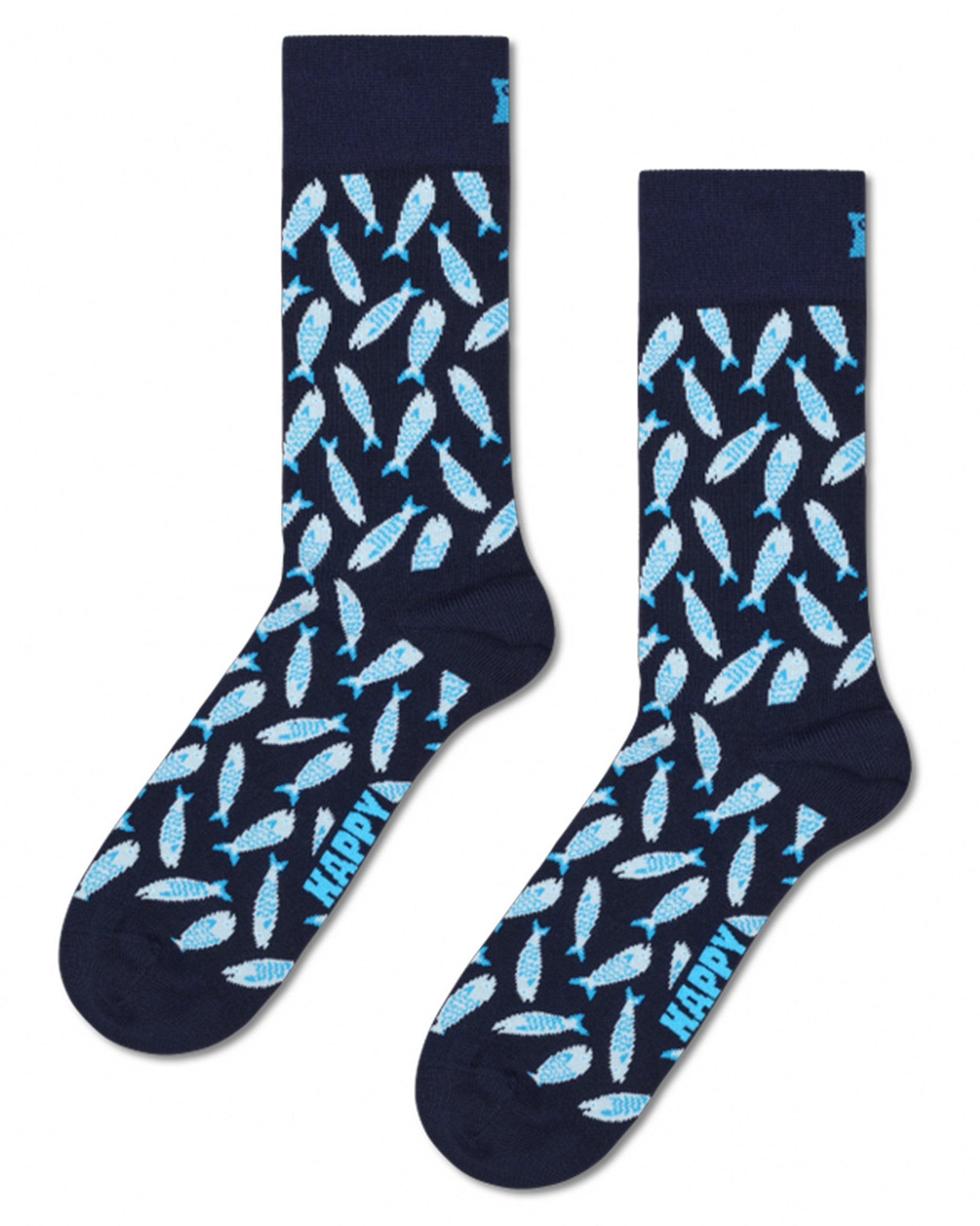 Navy socks with blue whale pattern and 'Happy' text on a white background