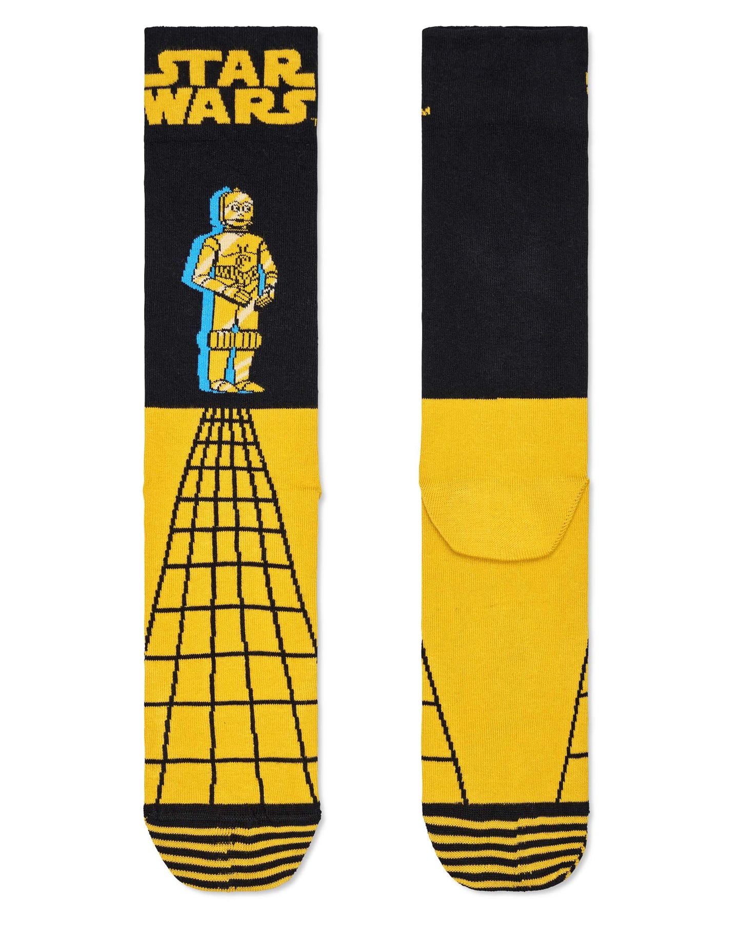 Happy Socks C-3PO Sock - Cotton crew length socks with Star War's logo and C-3PO robot motif in yellow with a turquoise blue shadow on a black background and the bottom half is yellow with a lack linear pattern.