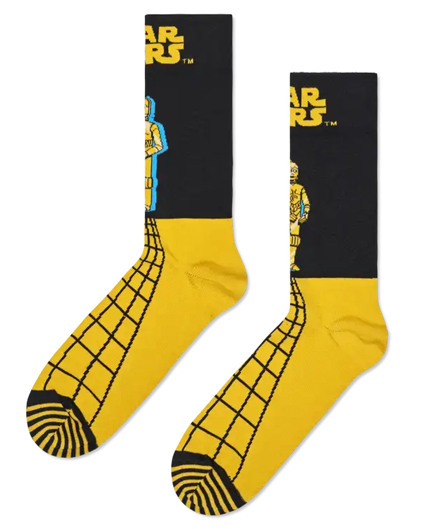 Happy Socks P000273 C-3PO Sock - Star wars themed cotton socks in navy and yellow with C-3PO robot motif.Cotton crew length socks with Star War's logo and C-3PO robot motif in yellow with a turquoise blue shadow on a black background and the bottom half is yellow with a lack linear pattern.