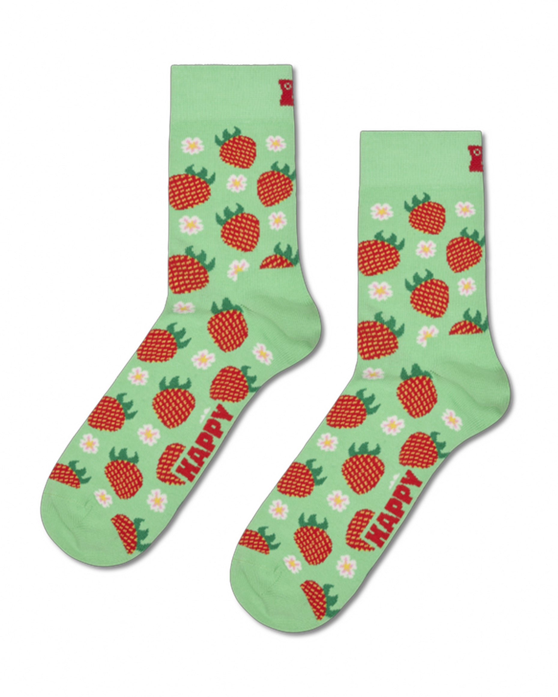 Green socks with red strawberry pattern and 'Happy' text on a white background