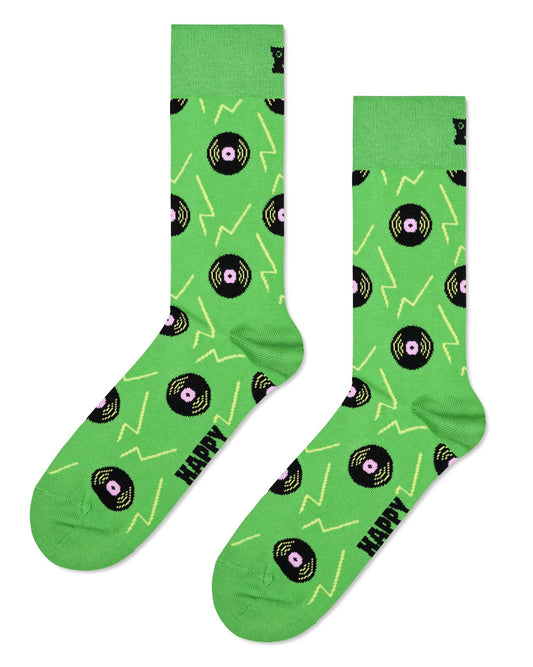 Happy Socks P000906 Vinyl Sock - Bright green cotton crew length ankle socks with an all over vinyl record pattern in black and light pink with electric zig-zag lines pattern.