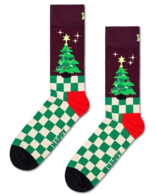 Happy Socks P000262 Christmas Tree Socks - Checkered green and cream socks with a Xmas tree motif on the top (inside and outside) with a burgundy background, red heel and black toe.