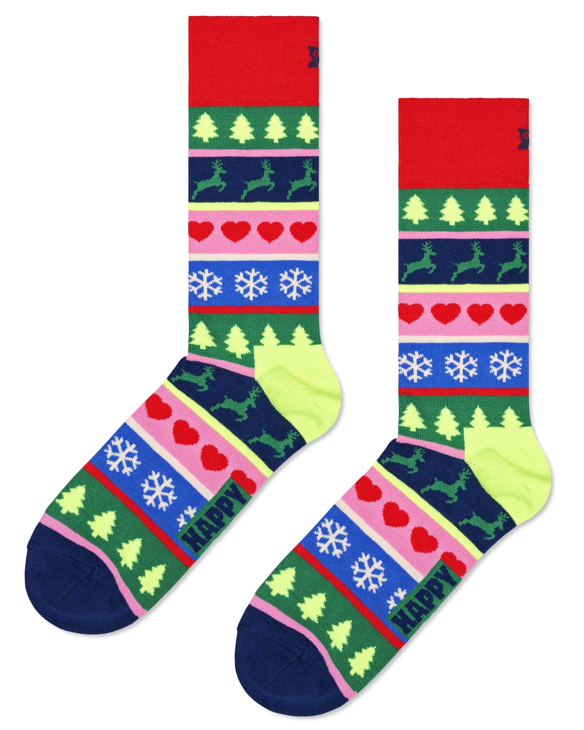 Happy Sock P000265 Christmas Stripe Sock - colourful novelty Xmas socks with snowflakes, reindeer, hearts and Xmas trees.