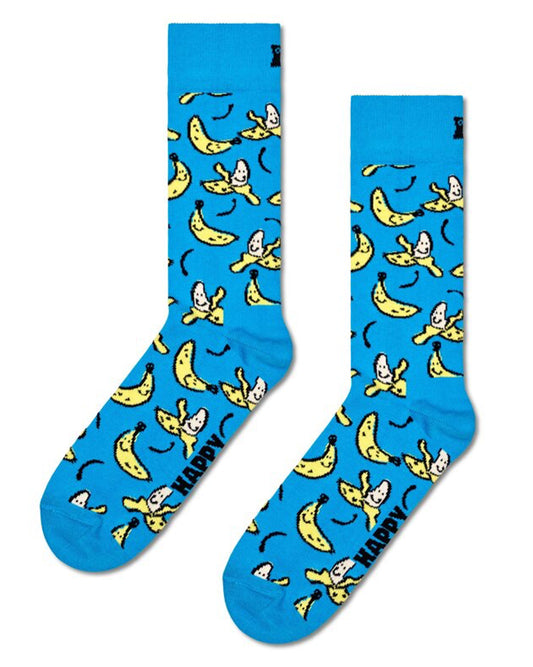 Happy Socks P000720 Banana Sock - Blue cotton crew length ankle socks with an all over pattern of smiling cartoon bananas in yellow, cream and black.