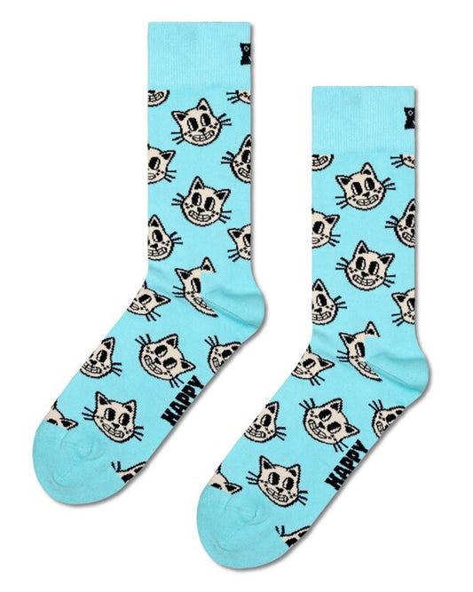 Happy Socks P000721 Cat Sock - Light blue cotton crew length ankle socks with a cartoon cat face pattern in white and black.