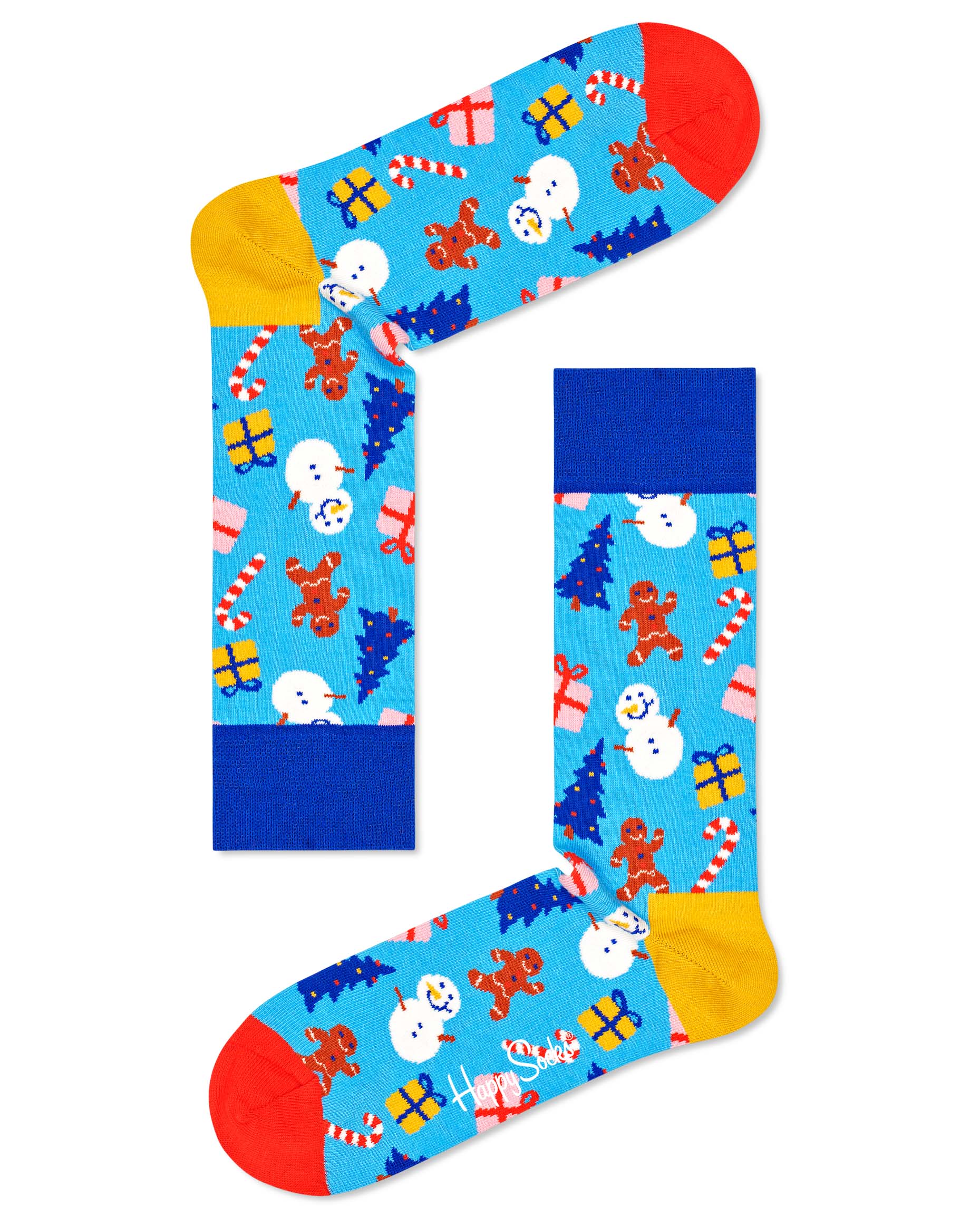 Happy Socks XDTG08-0200 Decoration Time Gift Set - Light blue Xmas novelty socks with snowmen, gingerbread men, presents, candy canes and Xmas trees in shades of blue, red, mustard and brown.