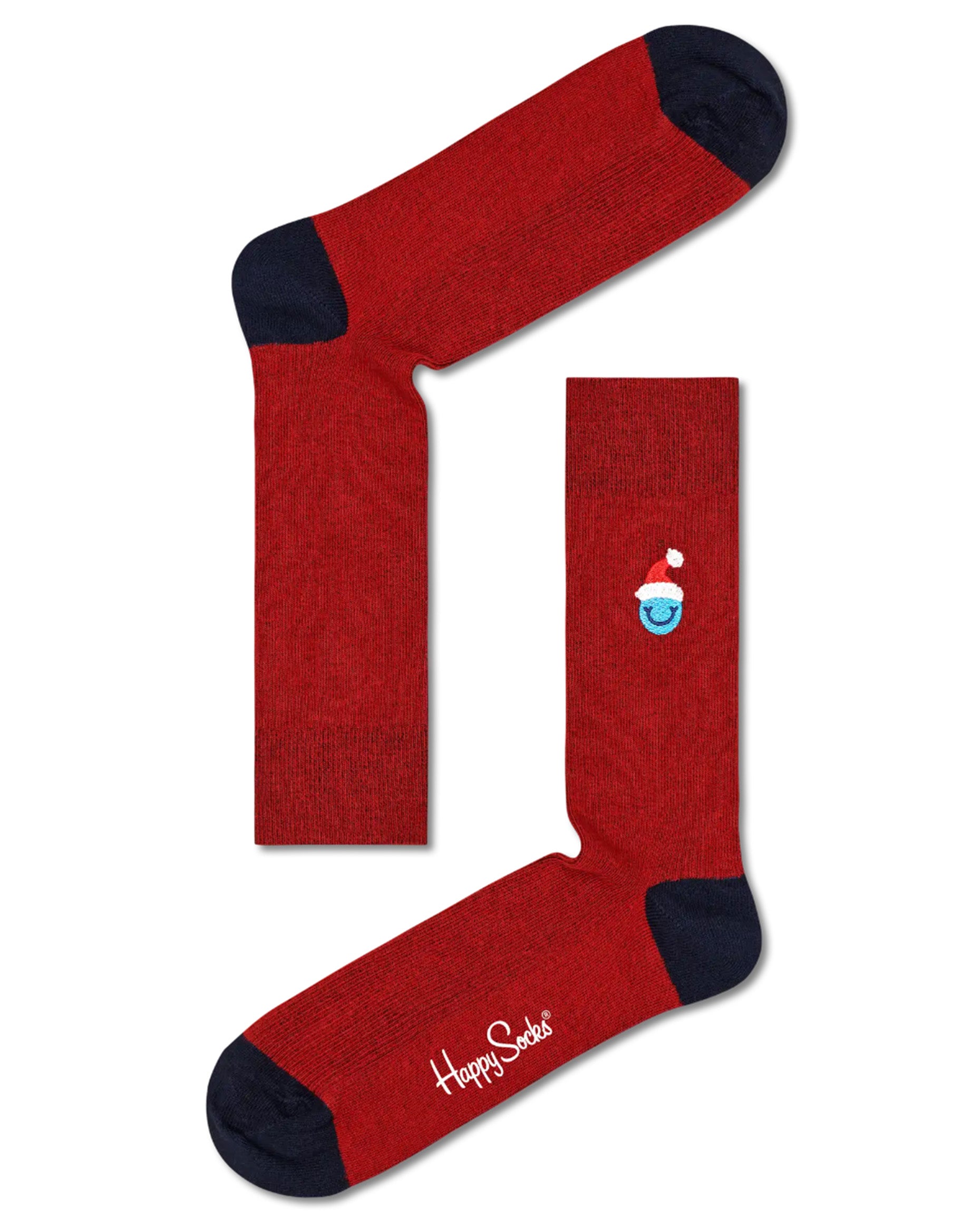 Happy Socks XDTG08-0200 Celebration Time Gift Set - Maroon crew length cotton socks with a small woven smiley face wearing a Santa hat motif, black toe and heel. 