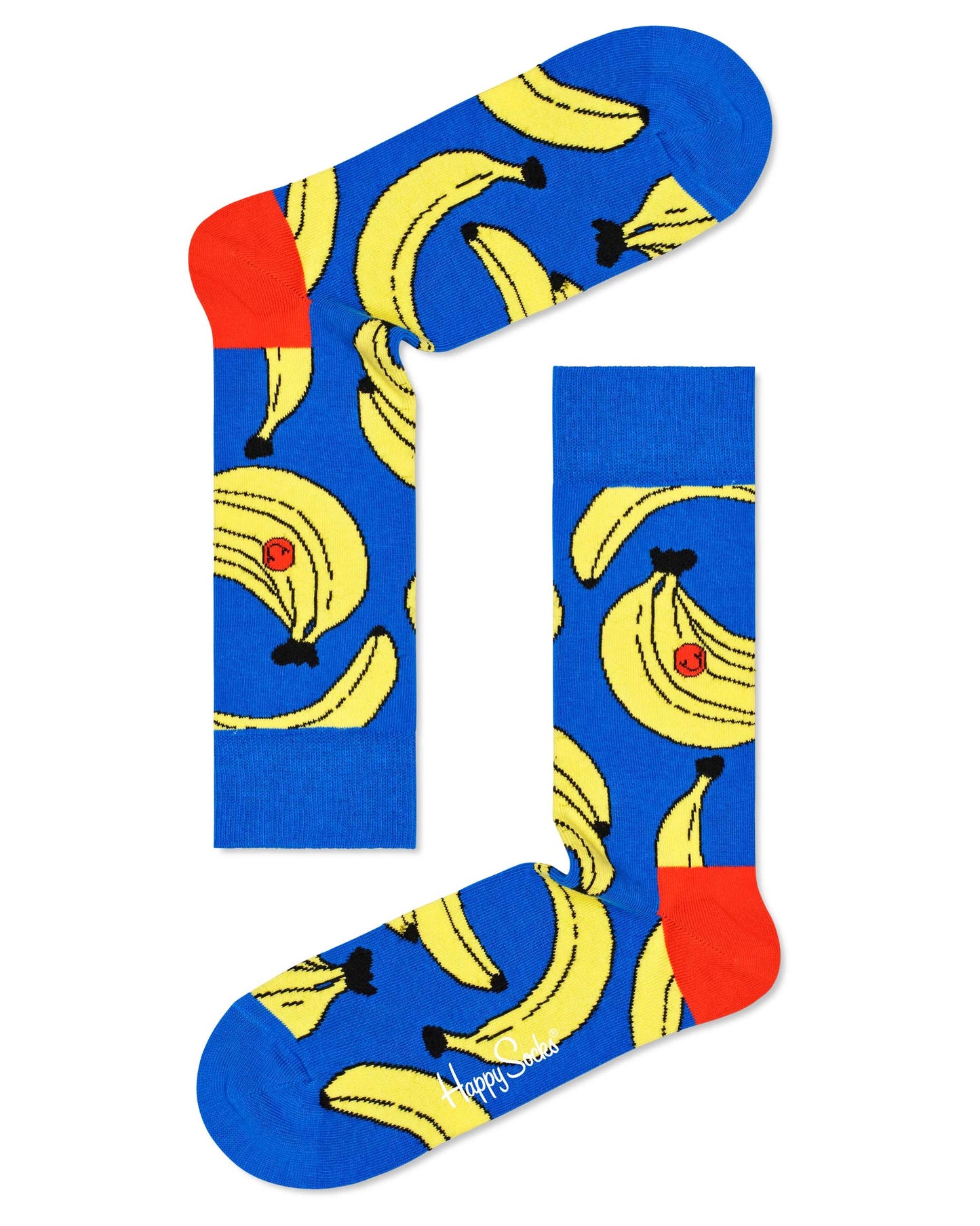 Happy Socks BAN01-6300 Bananas Sock - Bright blue cotton mix crew length ankle socks with a large banana pattern in pale yellow and black with orange smiley face and orange heel.
