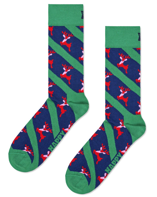 Happy Socks P000264 Reindeer Socks - Navy blue cotton crew length socks with green diagonal stripes and red reindeers pattern, green toe, heel and cuff.