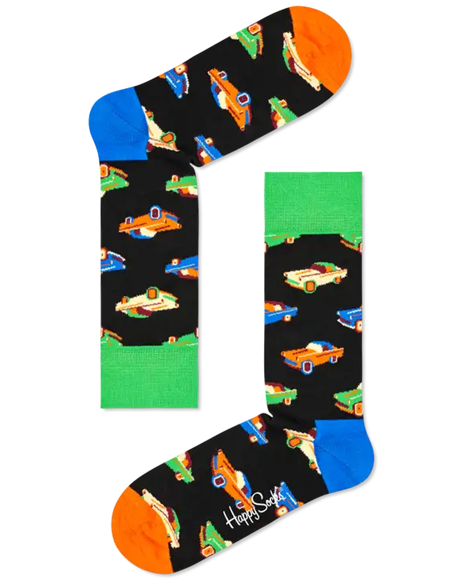Happy Socks Vintage Car Sock - Black cotton crew length ankle socks with a vintage sports car pattern in blue, orange, green, cream and wine, green cuff, blue heel and orange toe.