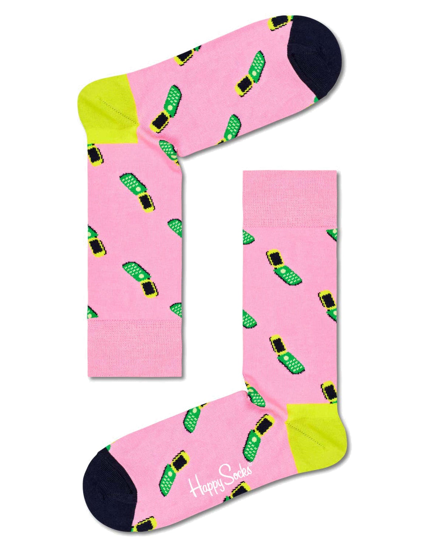 Happy Socks Call Me Maybe Sock - Light pink cotton socks with a flip phone style pattern in shades of green and black, bright lime green heel and black toe.