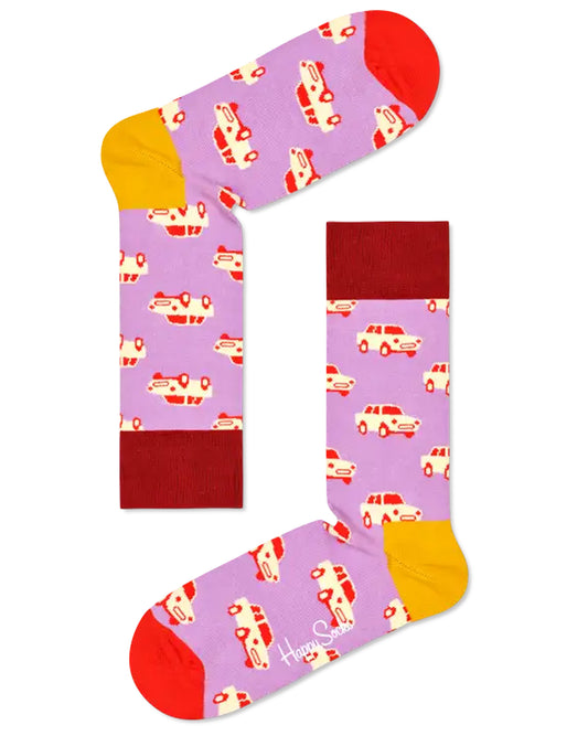 Happy Socks CAR01-5000 Car Sock - Lilac cotton crew length ankle socks with a vintage car pattern in cream and red, wine coloured cuff, mustard heel and red toe.