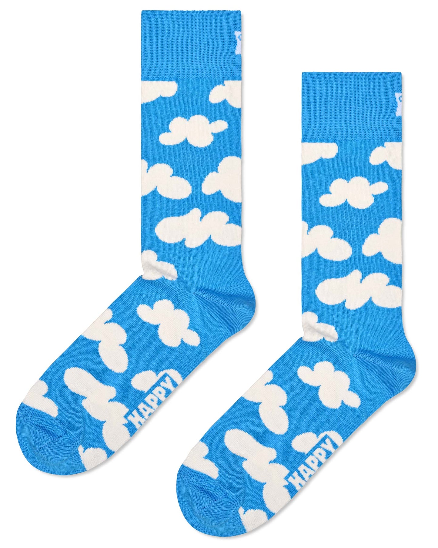 Happy Sock CLO01-6700 Cloudy Sock - New sky blue cotton crew length ankle socks with off white fluffy cumulus clouds pattern. Available in men and women's sizes.