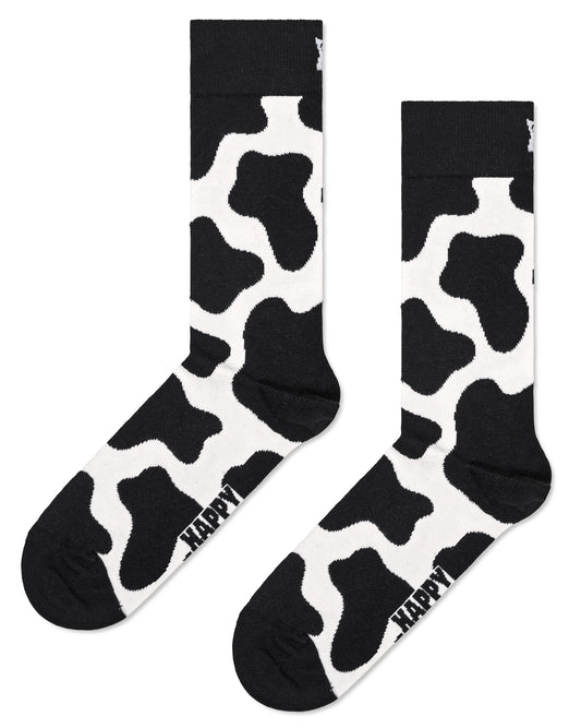 Happy Socks COW01-9300 Cow Sock - Cream cotton mix crew length ankle socks with a black cow print pattern and black cuff, heel and toe.