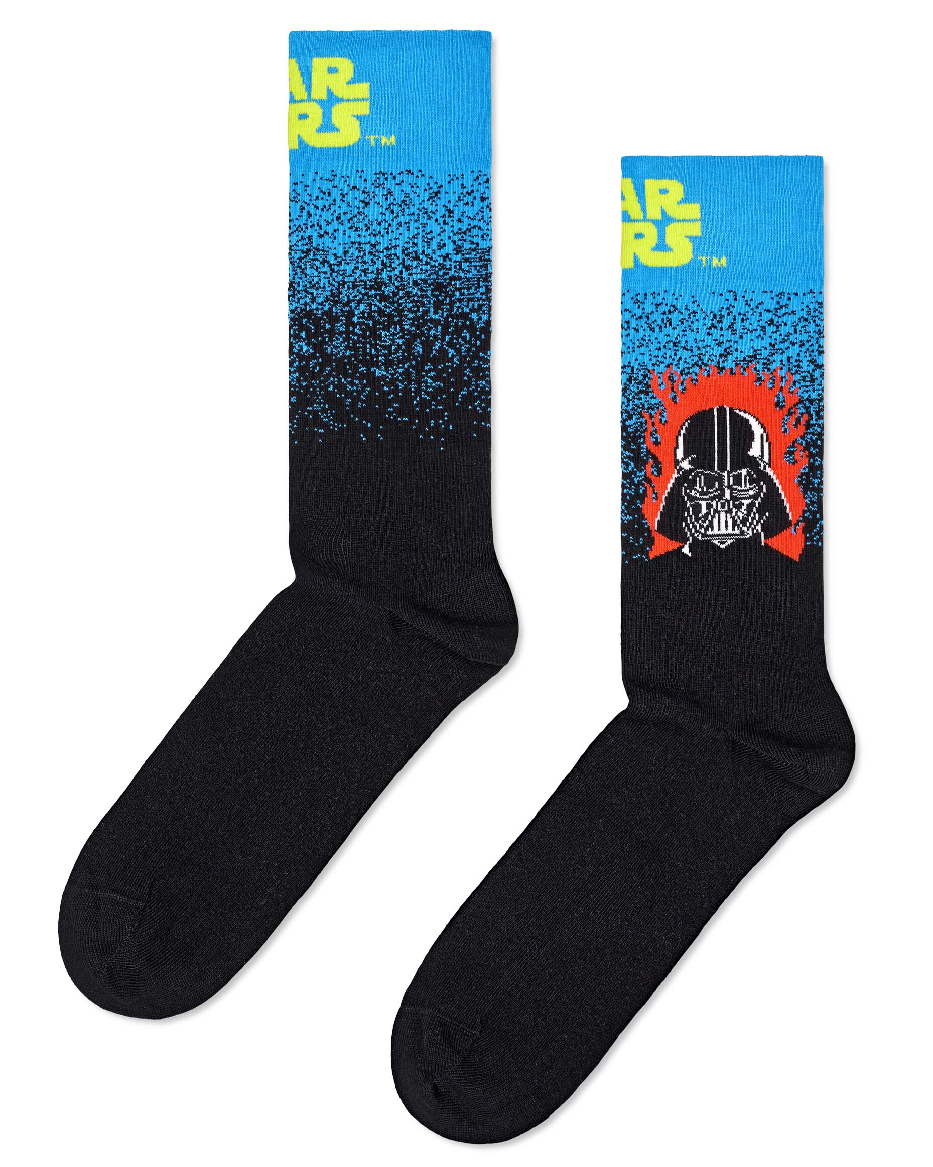 Happy Socks P000275 Darth Vader Sock - Cotton crew socks with an ombre/gradient effect going from blue on the top to black with a Darth Vader motif with flames in red, black and white and Star Wars logo in bright neon green.