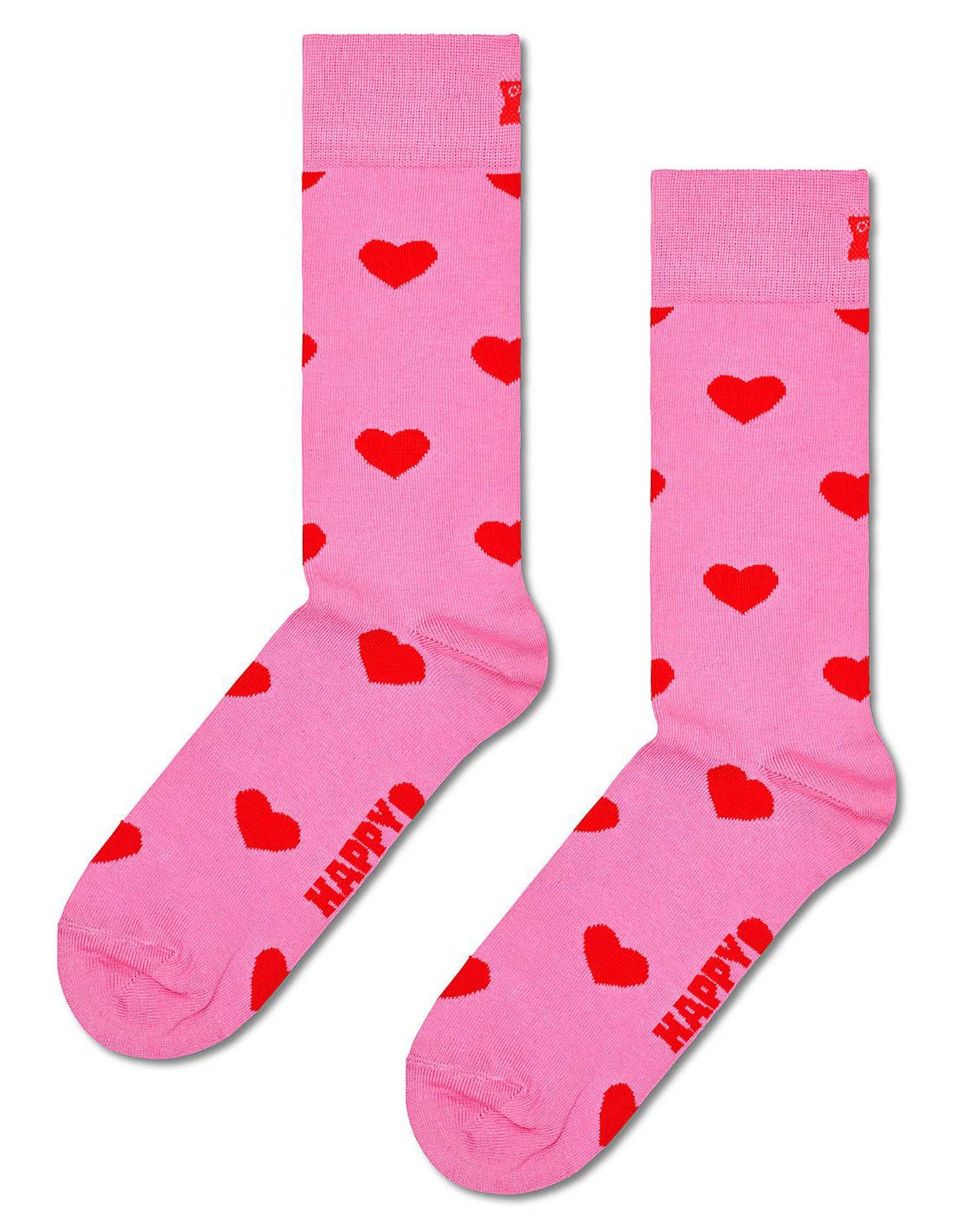 Happy Socks Heart Socks - Light pink cotton crew socks with all over red heart pattern.