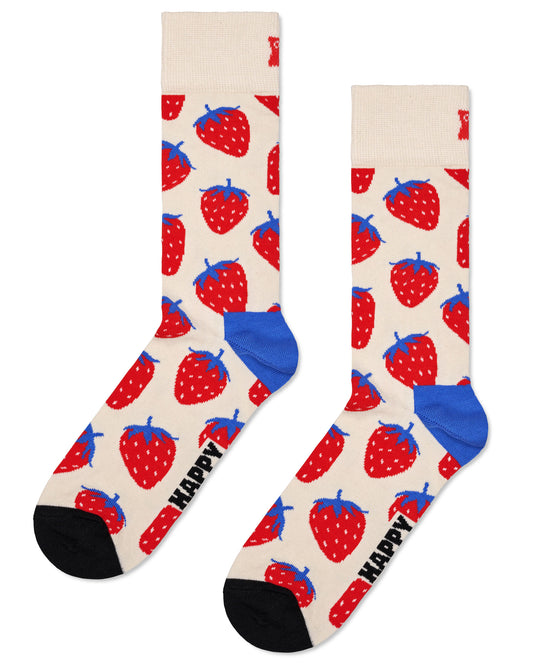 Happy Socks P000041 Strawberry Sock - Cream cotton crew socks with an all over strawberry pattern in red and blue, blue heel and black toe.