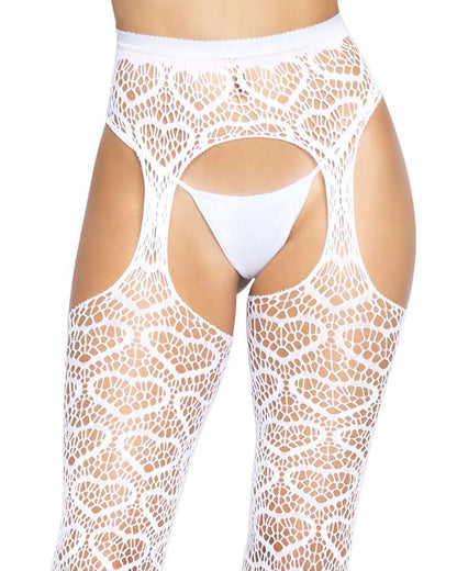 Leg Avenue Heart Lace Suspender Pantyhose - White openwork crochet heart pattern tights with cutout sides and crotch. Close up detail.