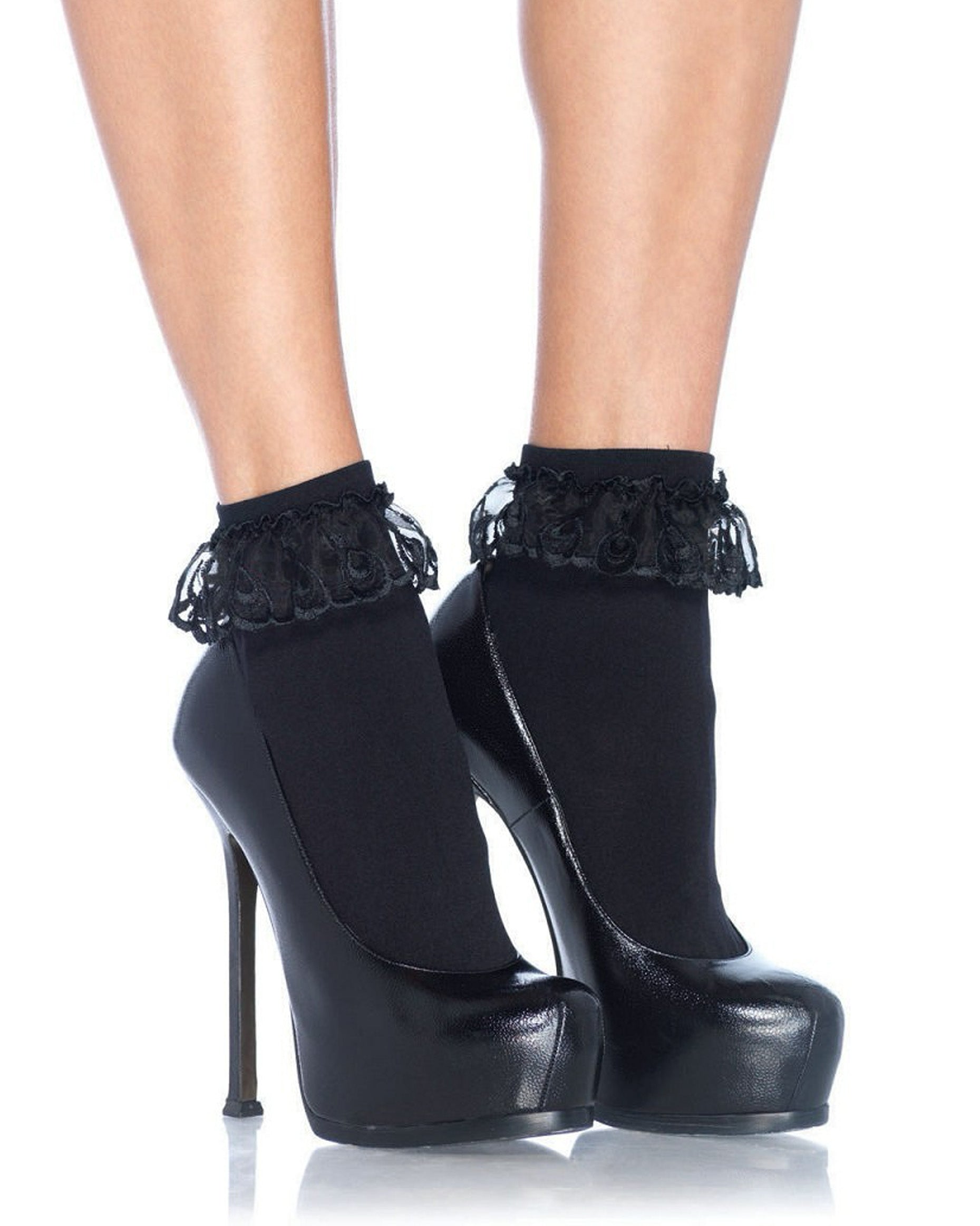 Leg Avenue 3013 Anklet With Lace Ruffle - Black opaque fashion ankle socks with a frilly lace cuff.