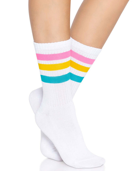 Leg Avenue 3014 Pride Crew Socks - White ankle socks with a pink, yellow and blue sports style stripe cuff.