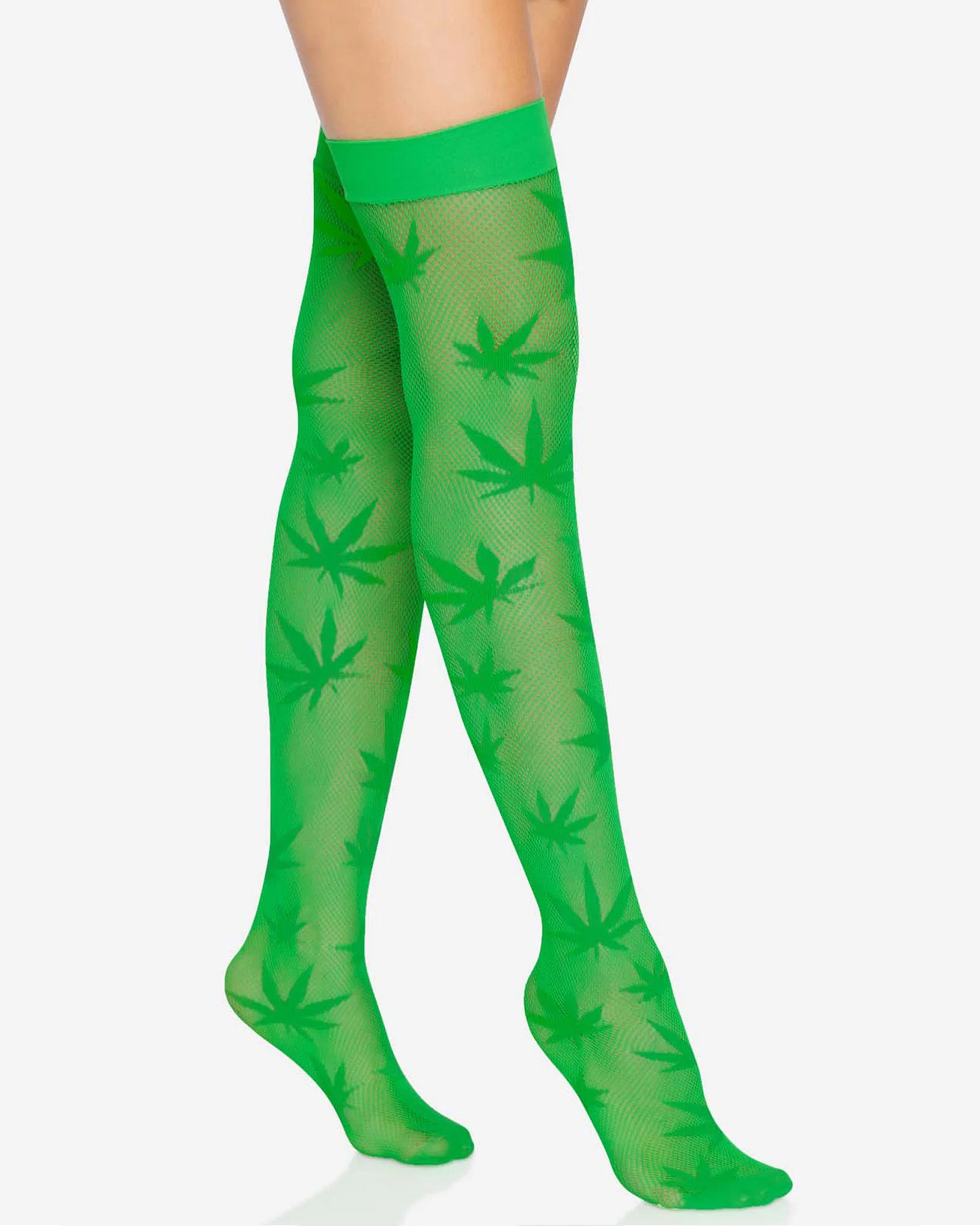 Leg Avenue 420 Thigh Highs - Bright neon green micro fishnet thigh high socks with an all over hash leaf pattern and deep elasticated cuff, can be worn as a stocking with a suspender belt / leg garters.