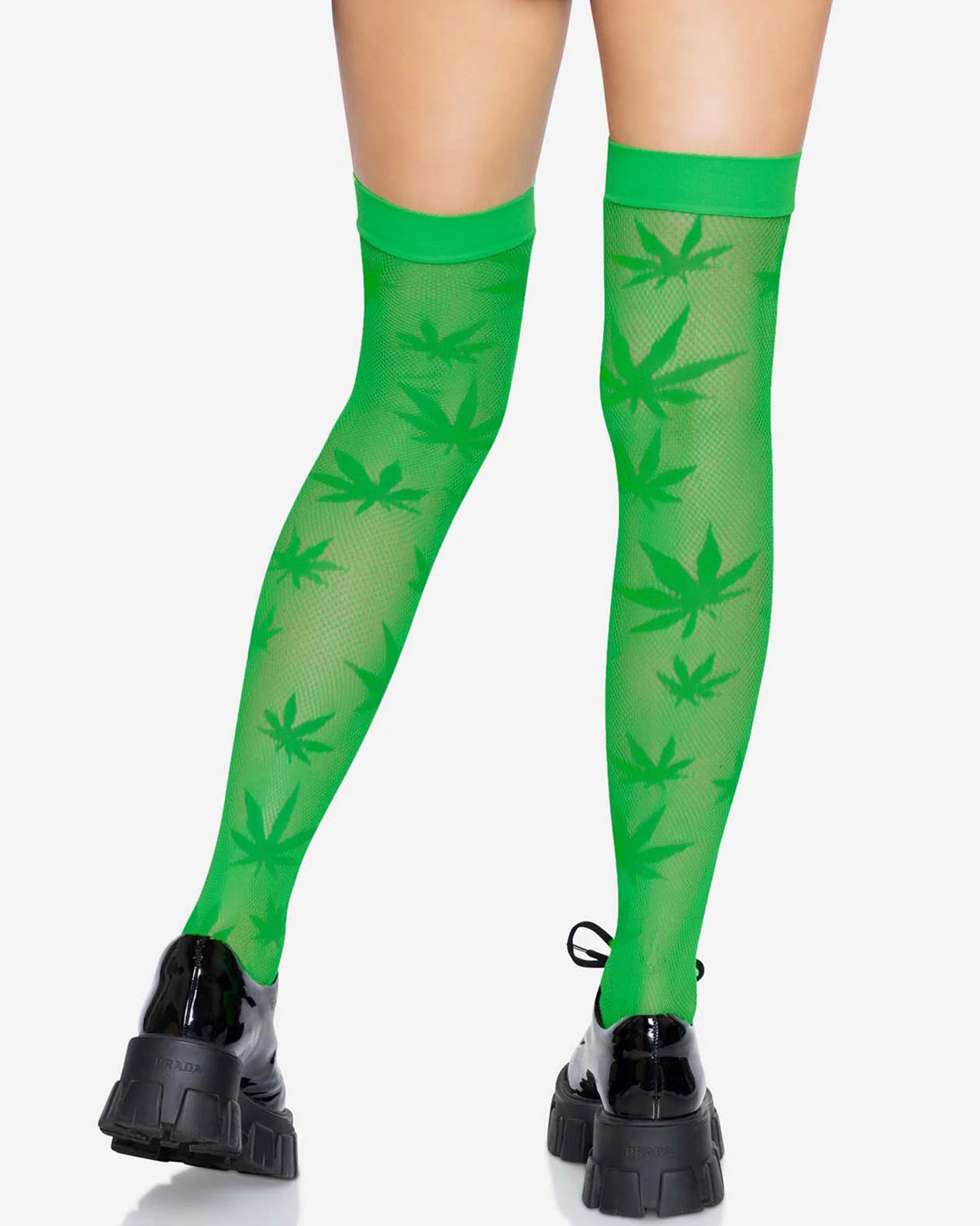 Leg Avenue 420 Thigh Highs - Bright neon green micro fishnet thigh high socks with an all over hash leaf pattern and deep elasticated cuff, worn with chunky patent leather loafers.