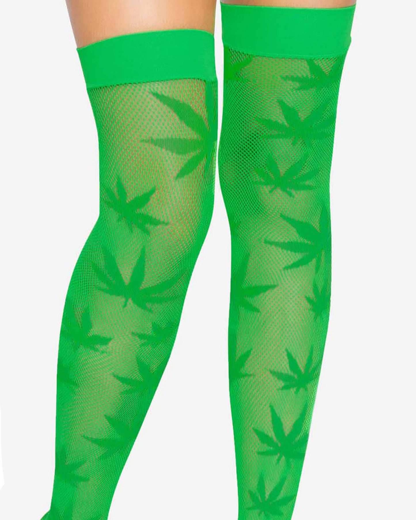 Leg Avenue 420 Thigh Highs - Bright green micro fishnet thigh high socks with an all over hash leaf pattern and deep elasticated cuff, close up of back view.
