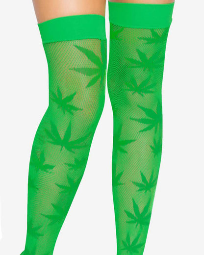 Leg Avenue 420 Thigh Highs - Bright green micro fishnet thigh high socks with an all over hash leaf pattern and deep elasticated cuff, close up of back view.