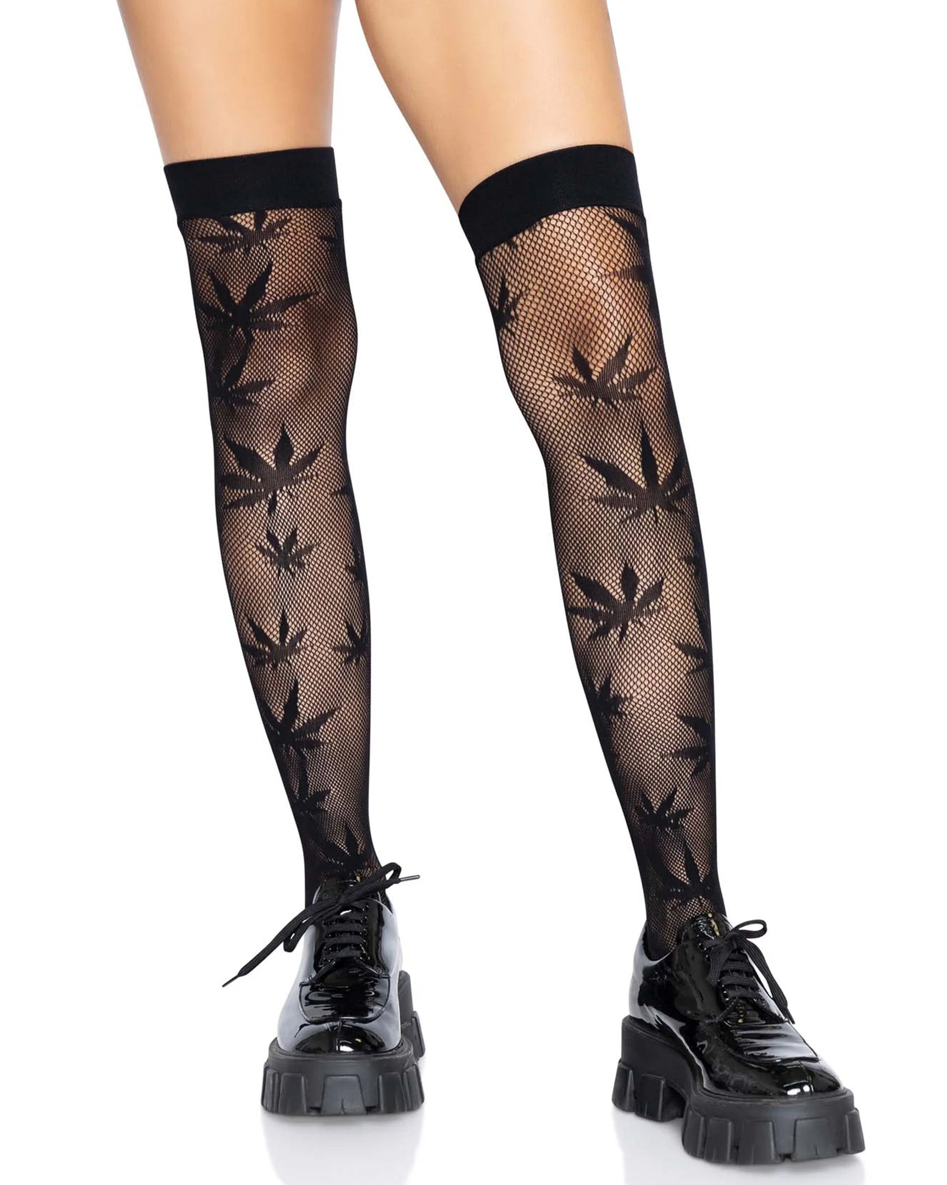 Leg Avenue 420 Thigh Highs - Black micro fishnet thigh high socks with an all over hash leaf pattern and deep elasticated cuff, worn with chunky patent leather loafers.