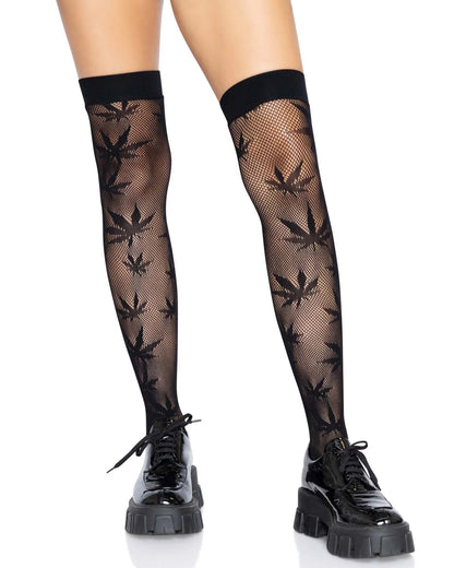 Leg Avenue 420 Thigh Highs - Black micro fishnet thigh high socks with an all over hash leaf pattern and deep elasticated cuff, worn with chunky patent leather loafers.