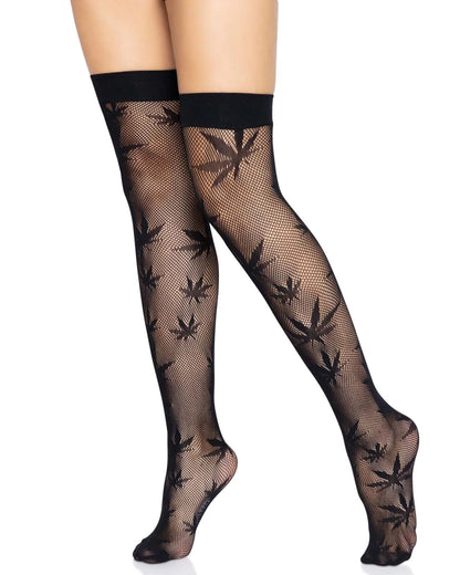 Leg Avenue 420 Thigh Highs - Black micro fishnet thigh high socks with an all over hash leaf pattern and deep elasticated cuff.