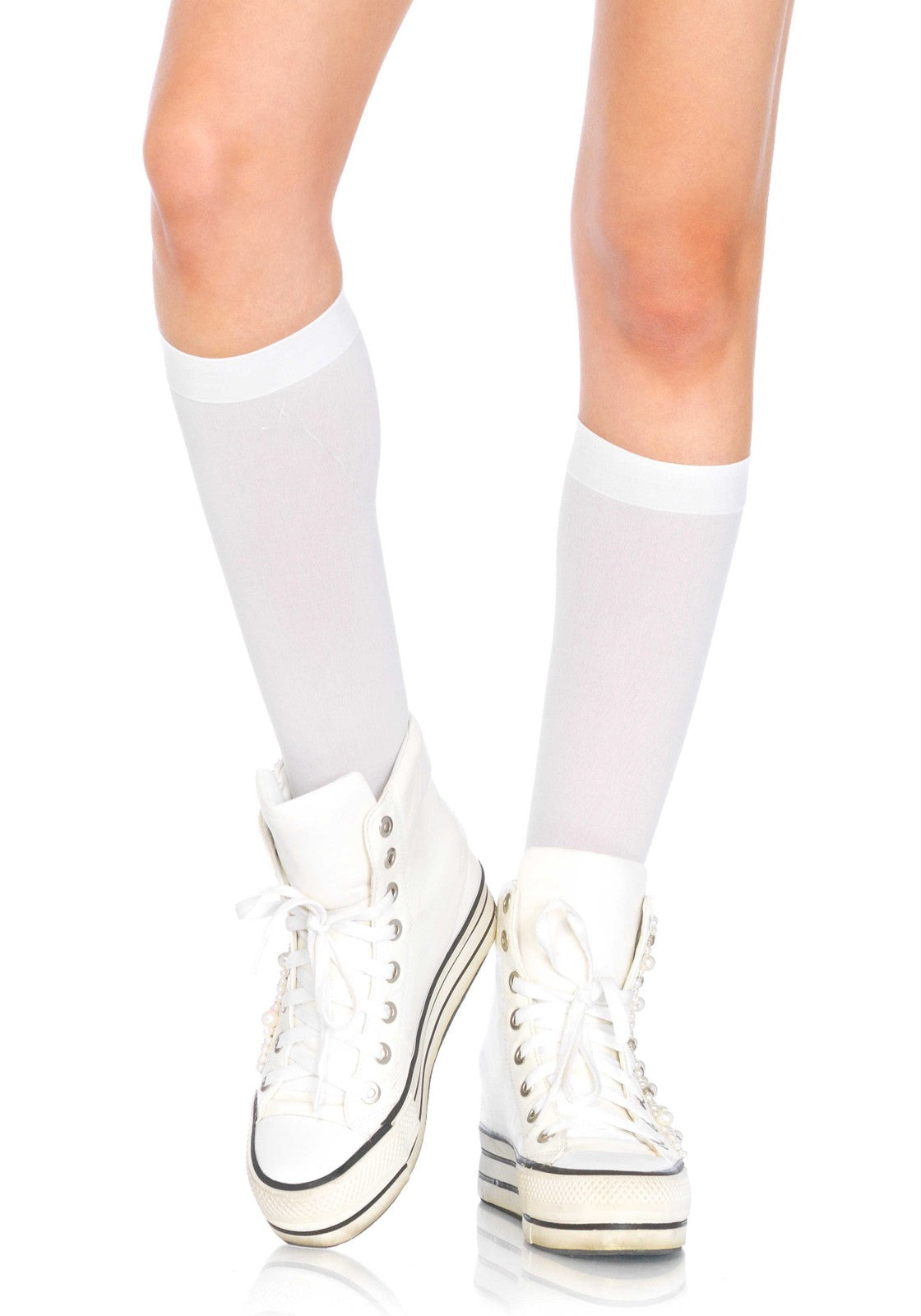 Leg Avenue 5572 Nylon Knee-highs - Plain white opaque knee length popsocks with plain cuff.